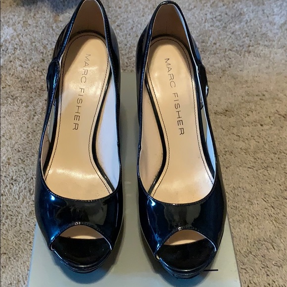 Marc Fisher Black Patent Platform Open Toe Heels - Picture 1 of 5